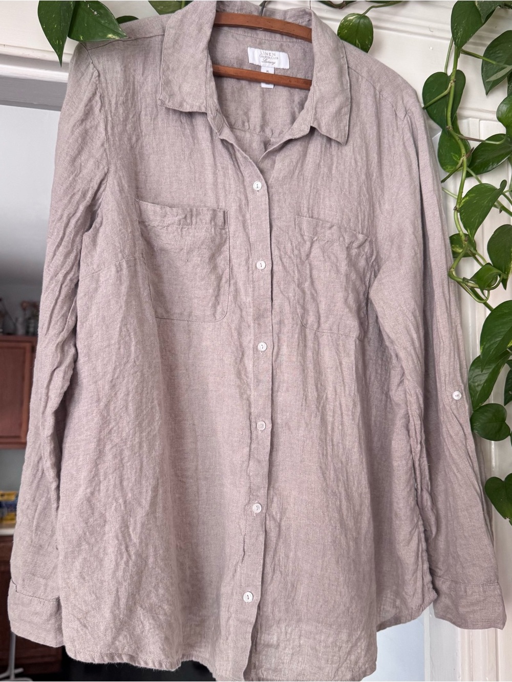 Charter Club Luxury Linen Shirt XL tan cream Button up Summer long sleeve